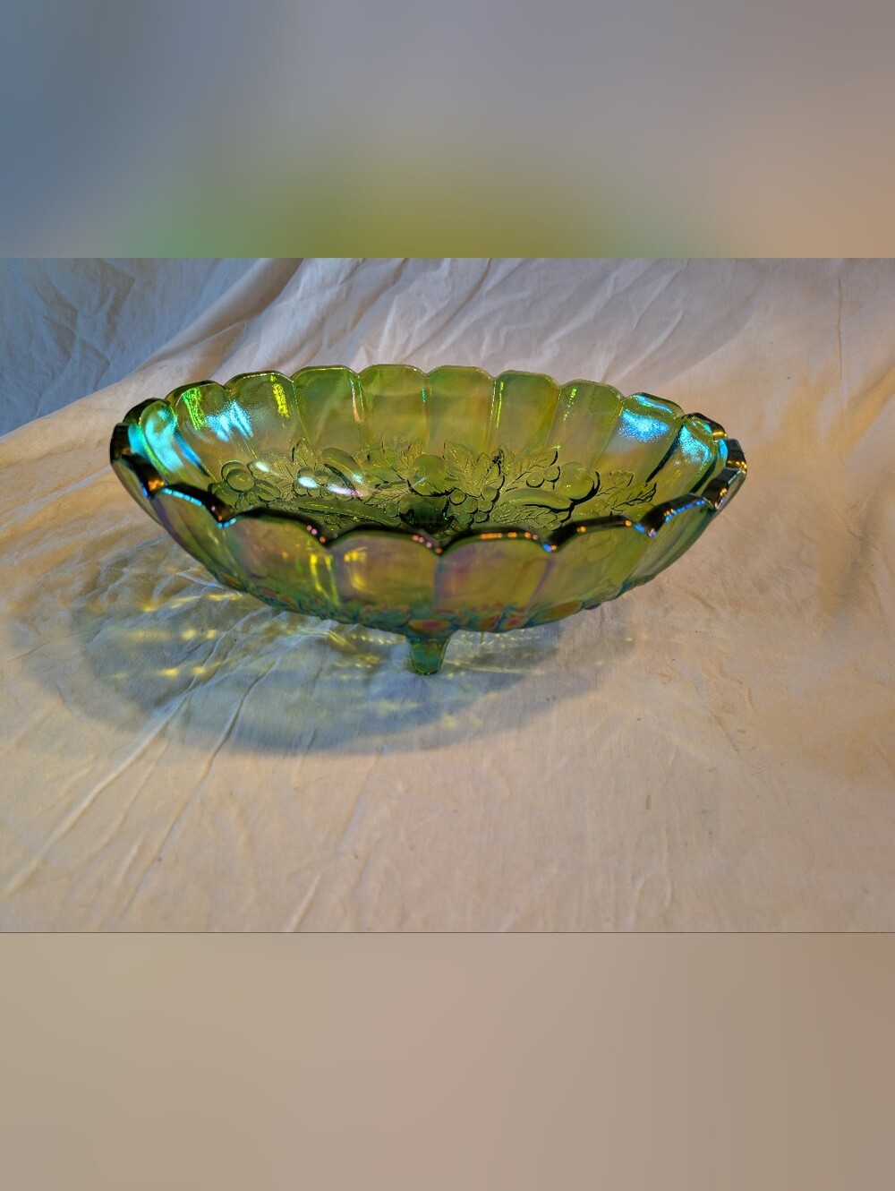 2/80$ Indiana Glass Green Iridescent Floral Footed Bowl